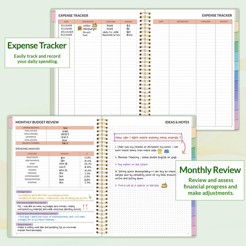 SUNEE Budget Planner - Monthly Budget Book with Expense Tracker Notebook, A4(8.5"" x 11"") Undated 12 Month Bill Organizer & Finance Planner to Manage Your Money, Account Book with Colorful Tab, Green - Image 4